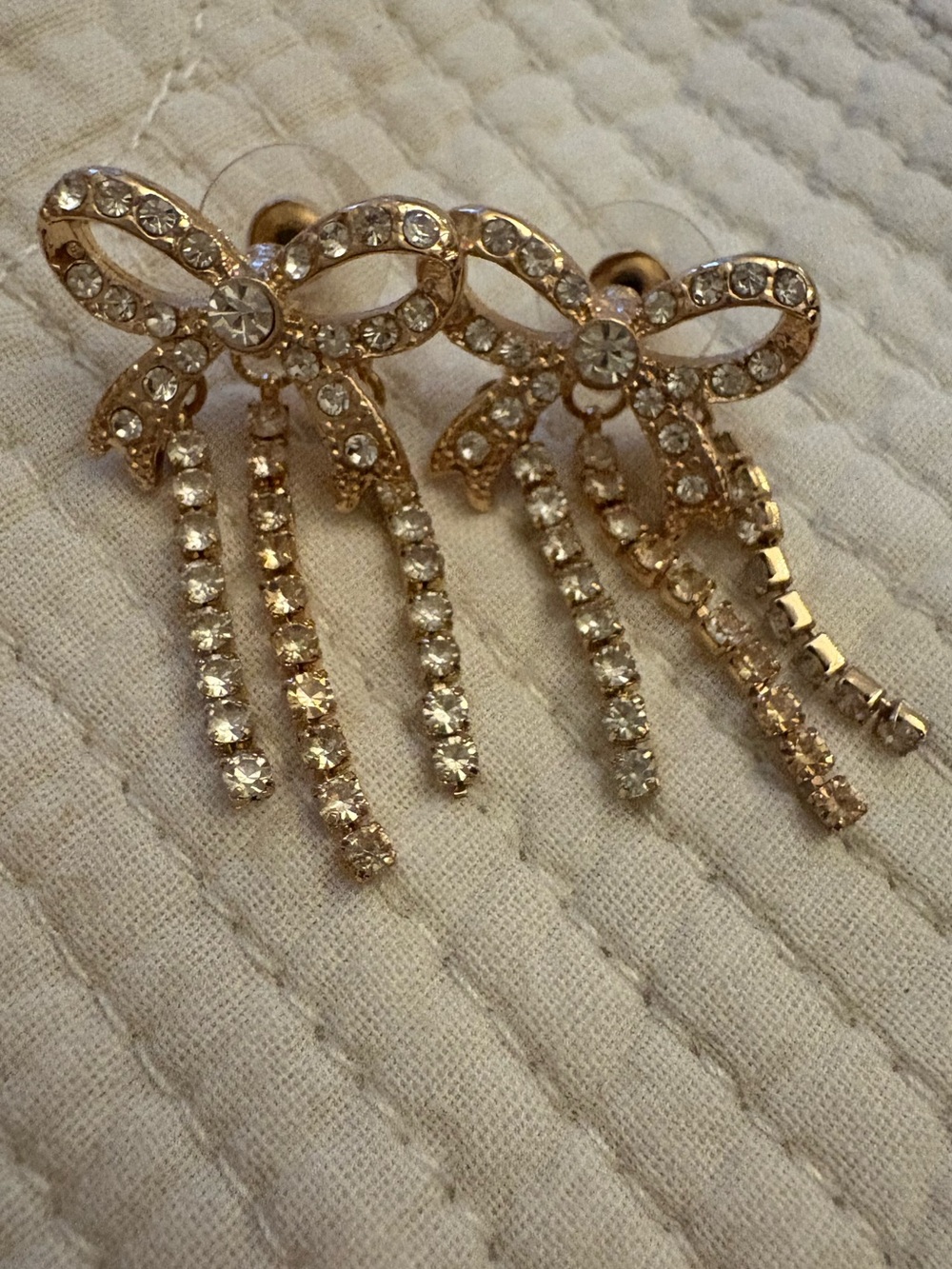 Gold Rhinestone Bow Dangle Earrings ✨ Crystal Tassel Drop Coquette Statement